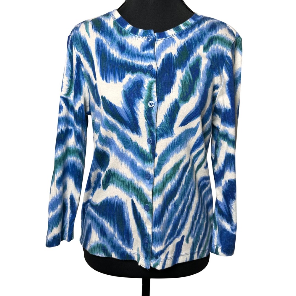 Rafaella Women Blue Green‎ Zebra Print Button Front Spring Cardigan Sweater M